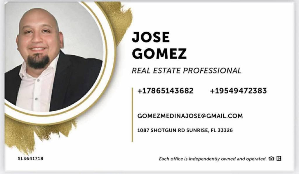 Business card of a real estate professional named Jose Gomez featuring contact information and a professional photo.