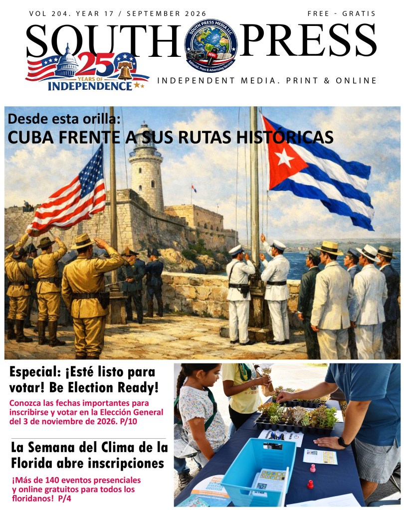 Cover of South Press magazine featuring a historic depiction of Cuba with a lighthouse and flag raising ceremony, along with headlines in Spanish and English about voting and climate events.