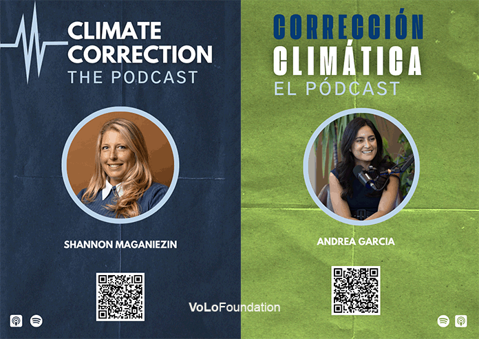 Graphic promoting the podcast 'Climate Correction' featuring hosts Shannon Maganiezin and Andrea Garcia, with QR codes and Spotify logos.